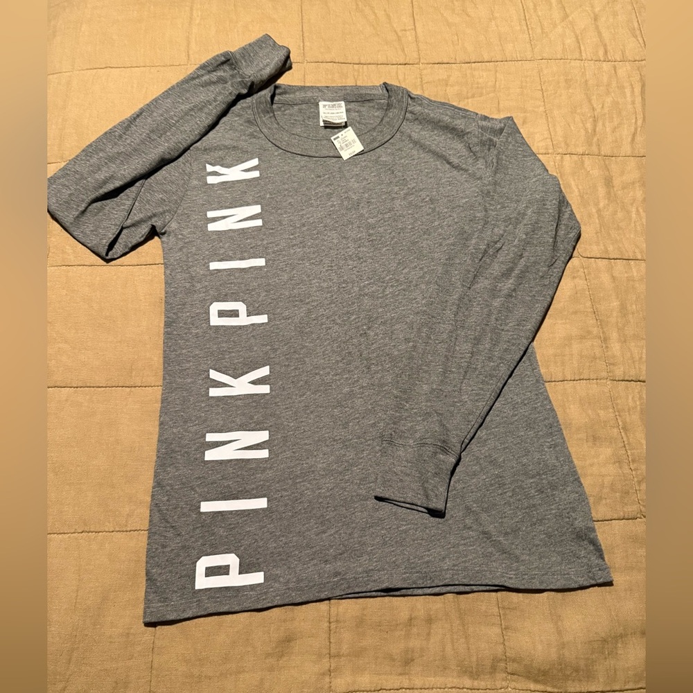 Vintage PINK Victoria's Secret Gray Logo Long Sleeve Fitted Tee, Size XS